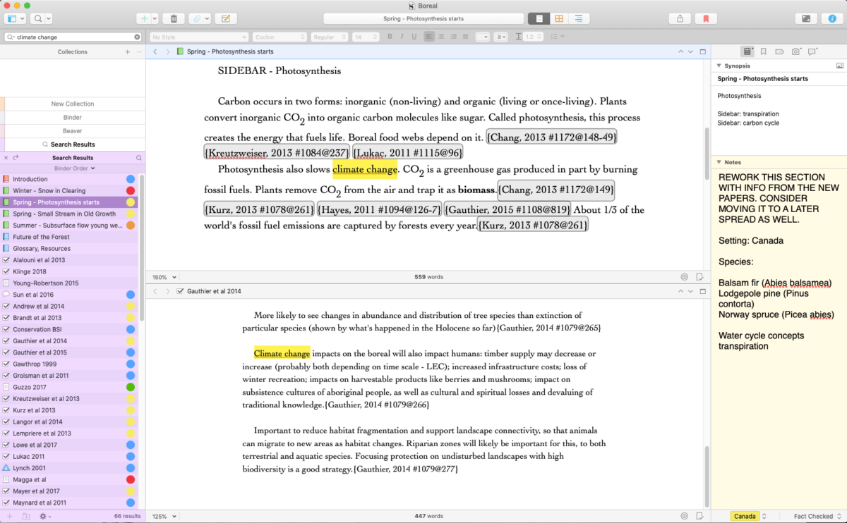 Search and split screen in Scrivener